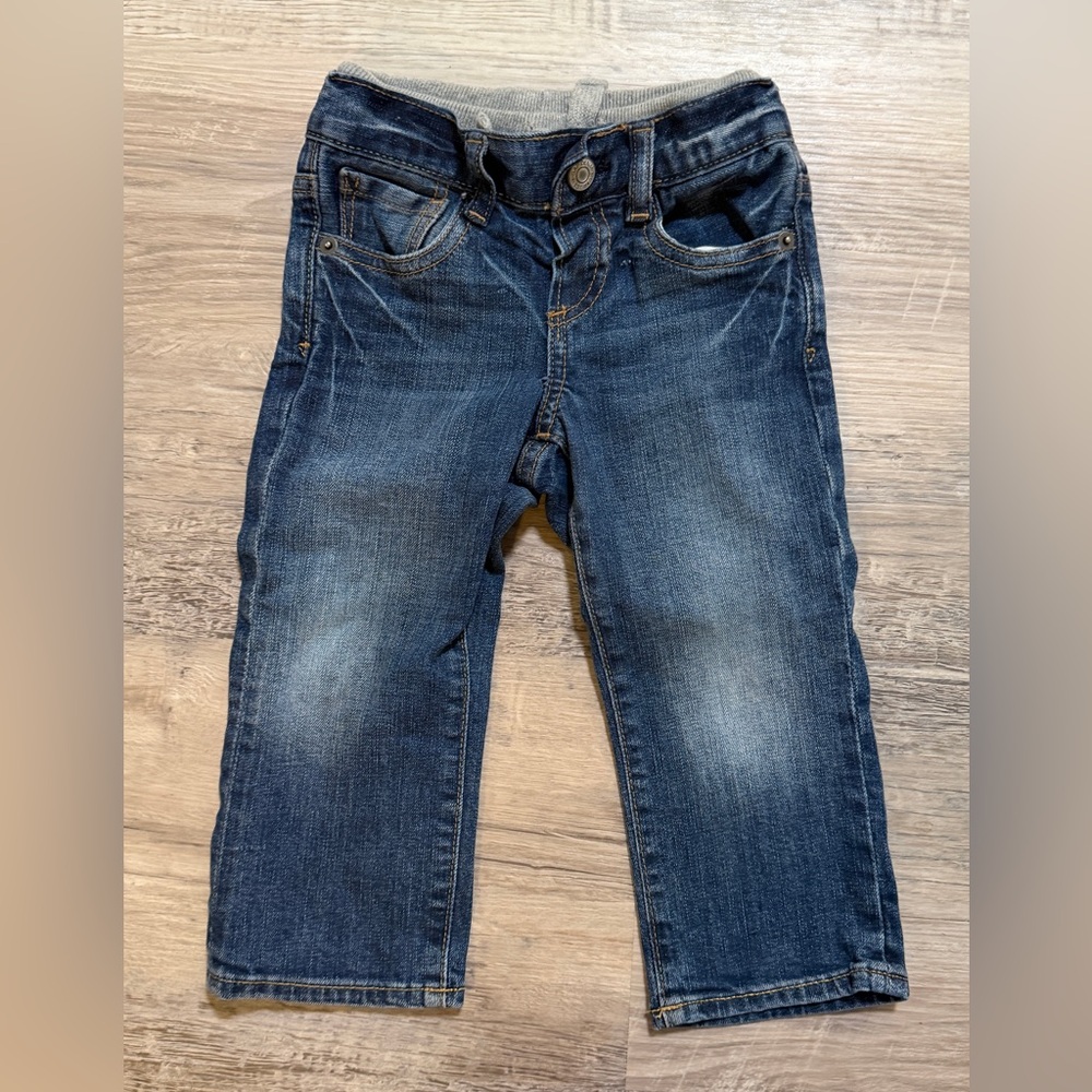 Baby Gap Blue Jeans w/Gray Sweatpants Waistband Lining SZ 2T Hook & Eye Closure